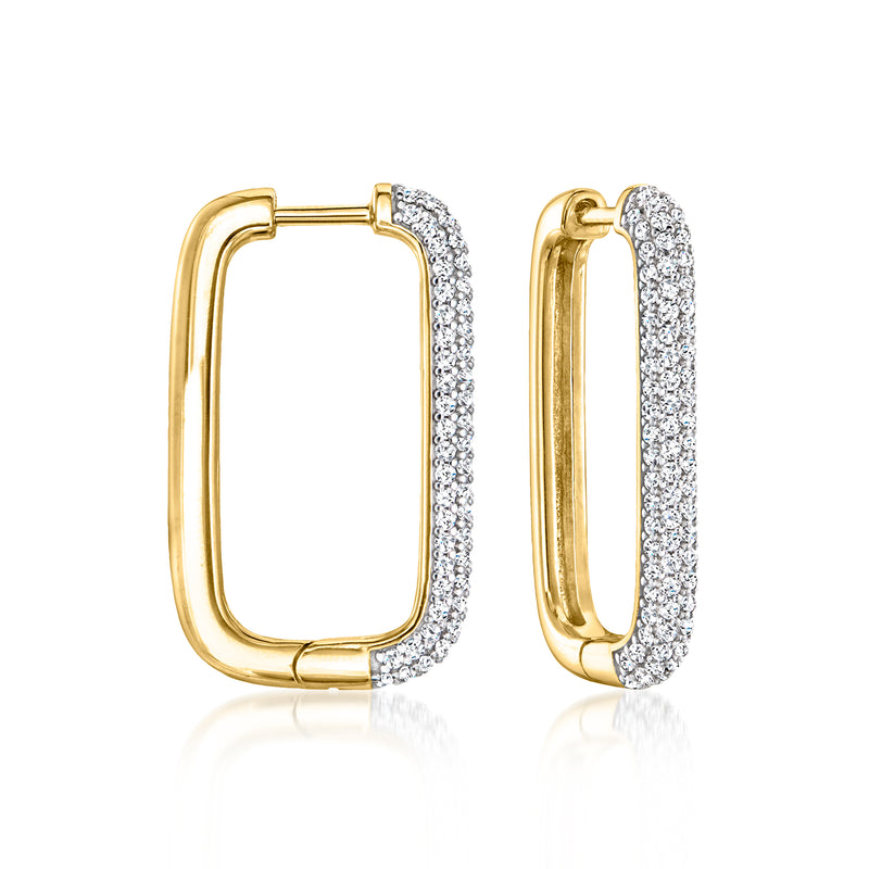 Gold over sterling CZ paper clip link hoop earrings, one side pavé