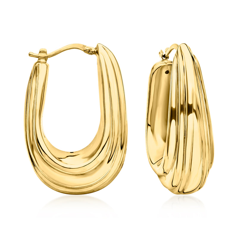 14kt yellow gold ribbed hoop earrings, polished, hinged clasp visible