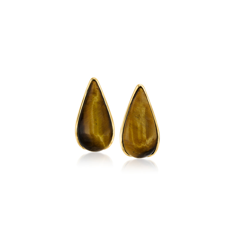Teardrop tiger-eye drop earrings in gold-tone bezel