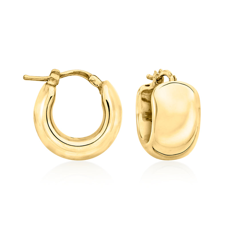 Petite puffed huggie hoop earrings in yellow gold, hinged clasp visible