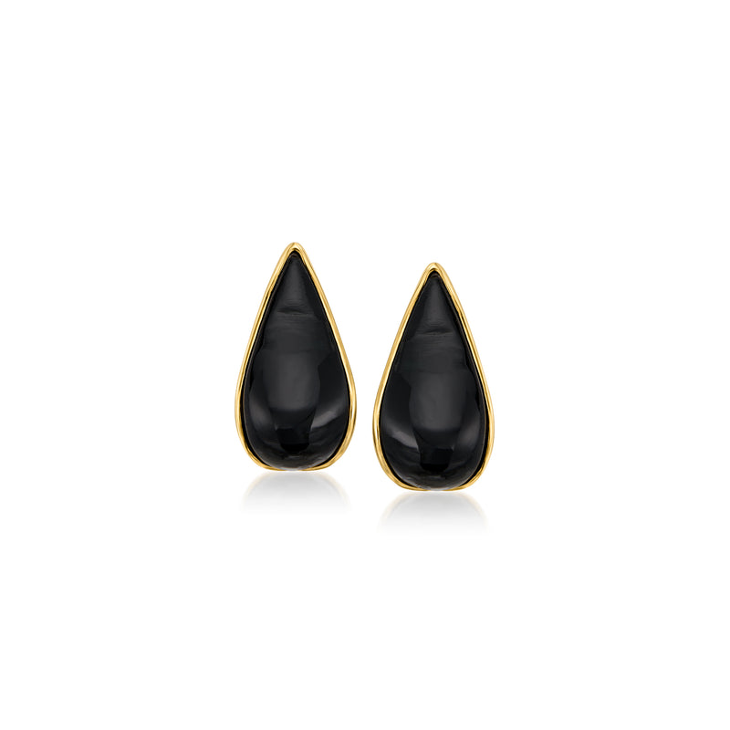 Gold teardrop drop earrings with black onyx stones, 18kt gold over sterling