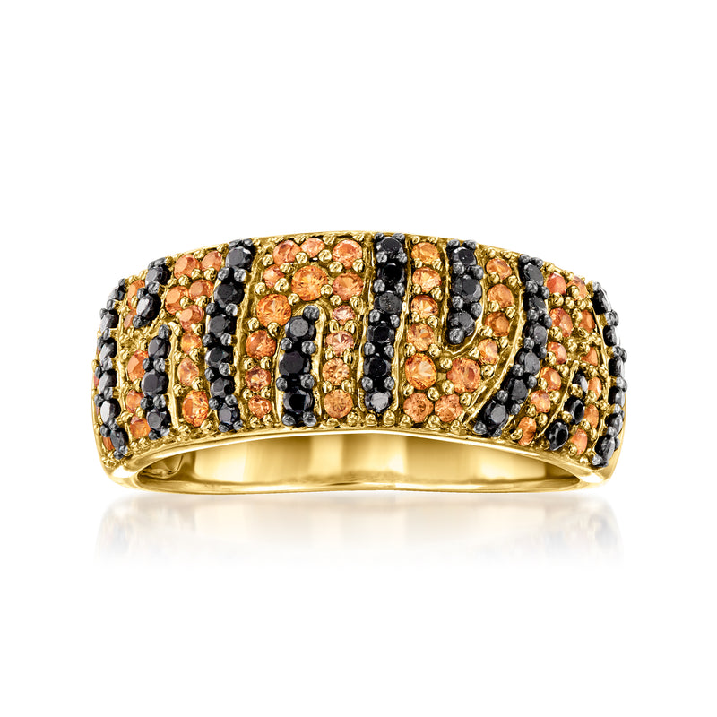 Tiger-print gemstone ring with orange and black stones, gold-tone band.