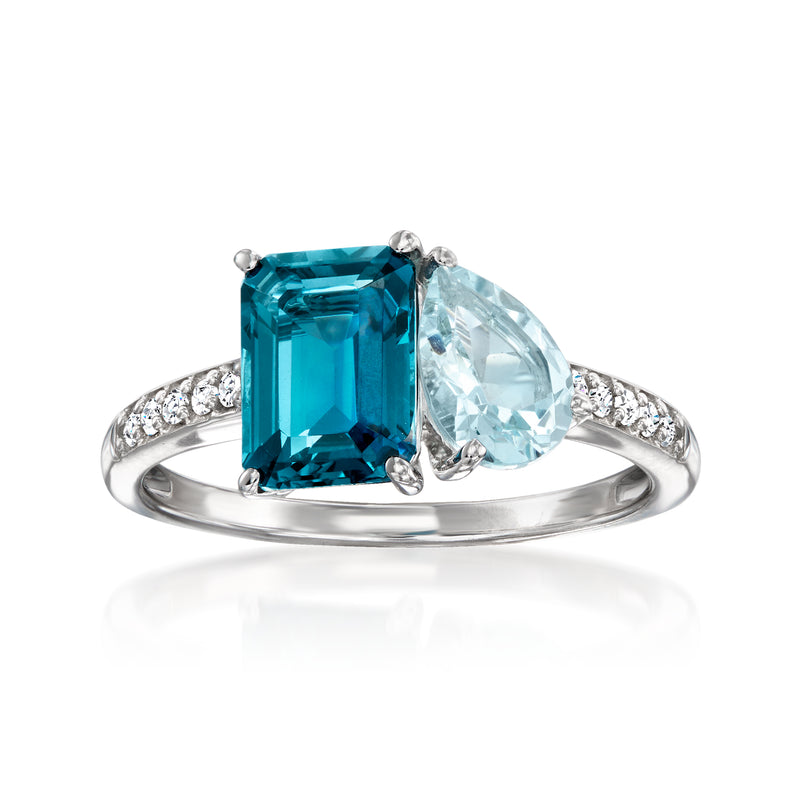 14kt white gold Toi et Moi ring with blue topaz, aquamarine, and diamond accents
