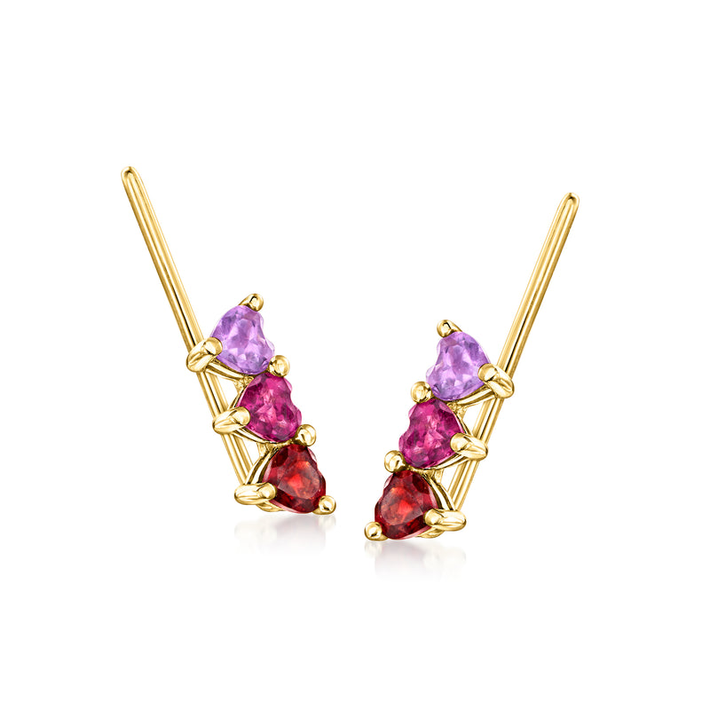 Heart-shaped multi-gemstone ear climbers on 14kt yellow gold earwires