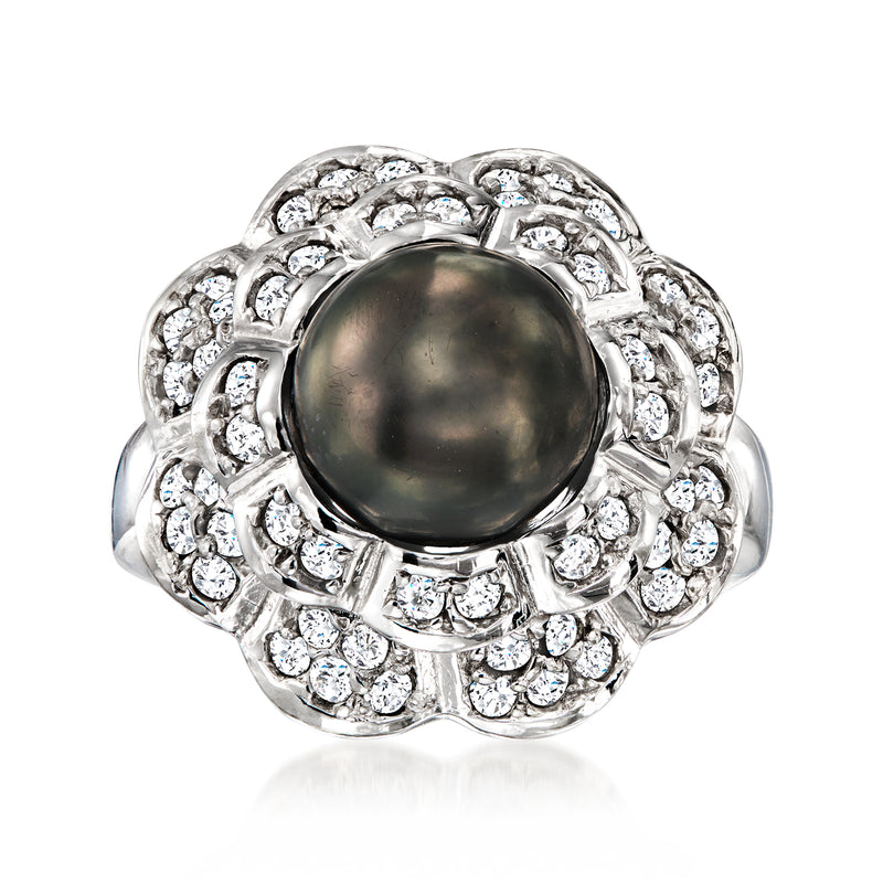 Vintage black cultured pearl diamond halo ring, 14kt white gold with round jeweled surround
