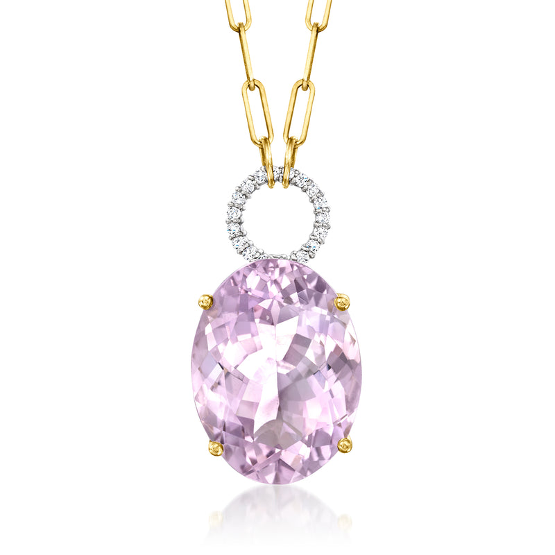 Oval amethyst pendant with round diamond halo on paper clip link necklace
