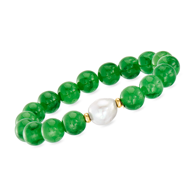 Green jade bead stretch bracelet with white cultured pearl and 14kt yellow gold accents