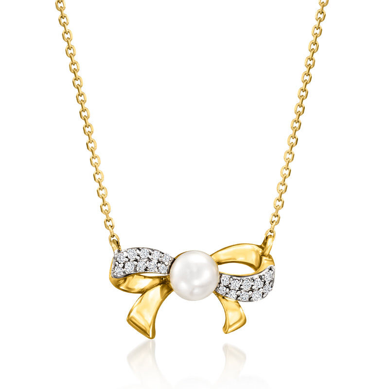 14kt yellow gold bow necklace with cultured pearl and diamond accents