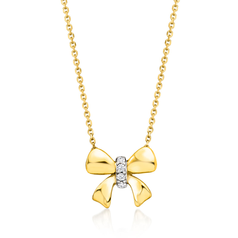 14kt yellow gold bow necklace with diamond center and cable chain