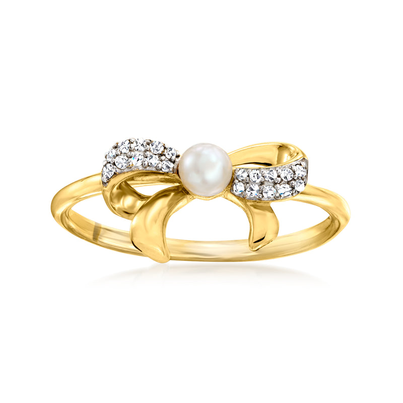 Cultured pearl bow ring with diamonds in 14kt yellow gold