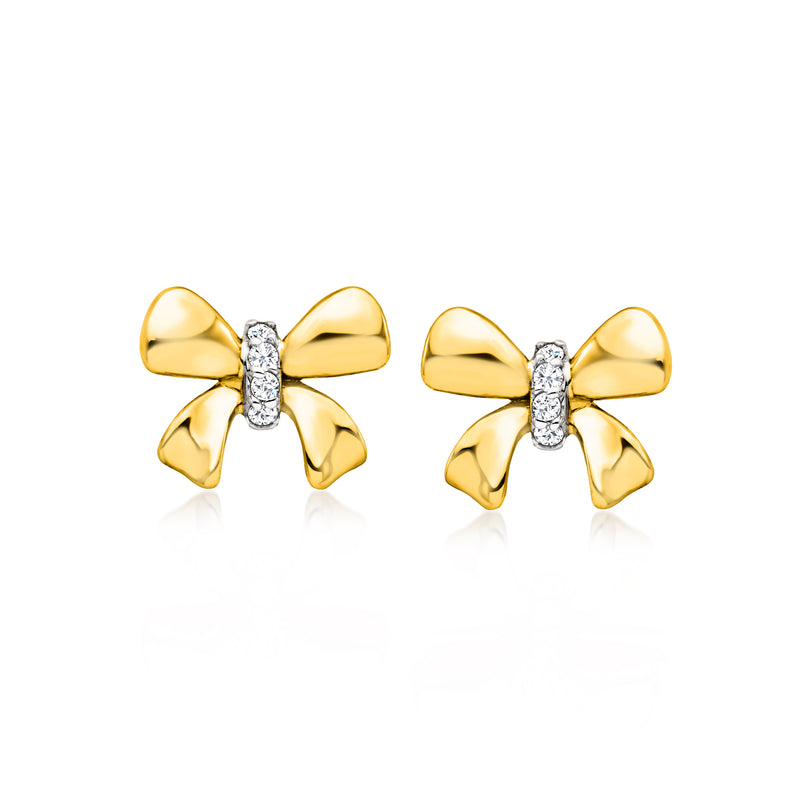 14kt yellow gold bow post earrings with diamond center accents, shiny polished finish