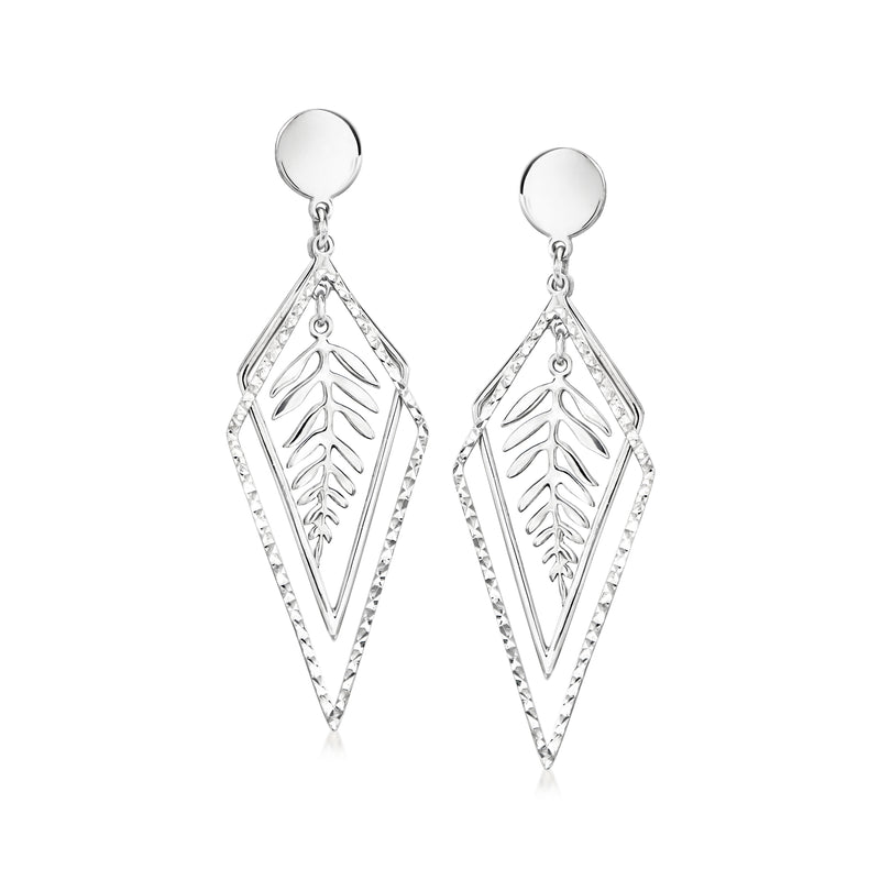 Sterling silver triangular leaf drop earrings with diamond-cut frame