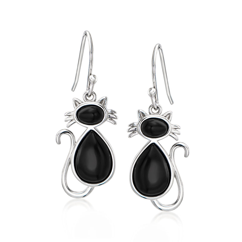 Onyx cat drop earrings in sterling silver with earwire hooks, black teardrop stones