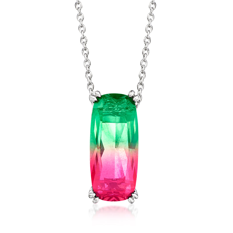 Sterling silver pendant necklace with green and pink simulated watermelon tourmaline