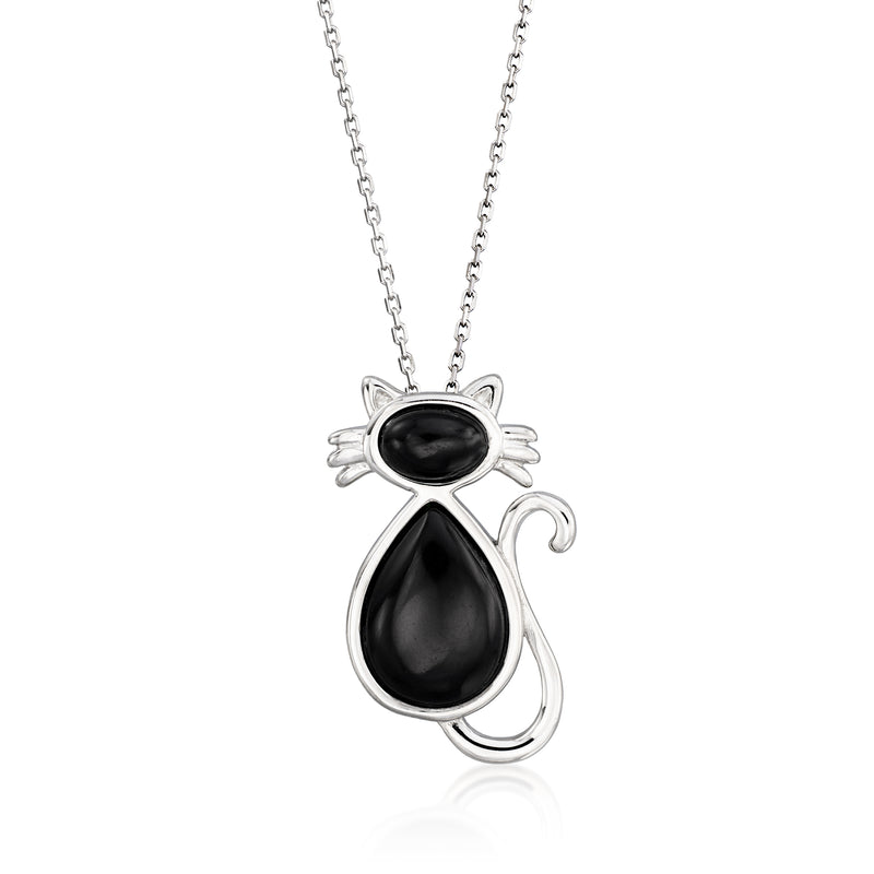 Sterling silver cat pendant necklace with black onyx-style teardrop stones
