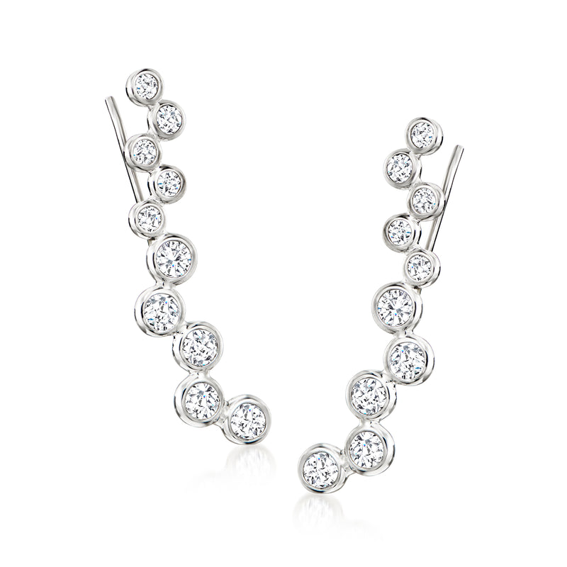 Sterling silver ear climber earrings with bezel-set CZ stones, curved line of round gems