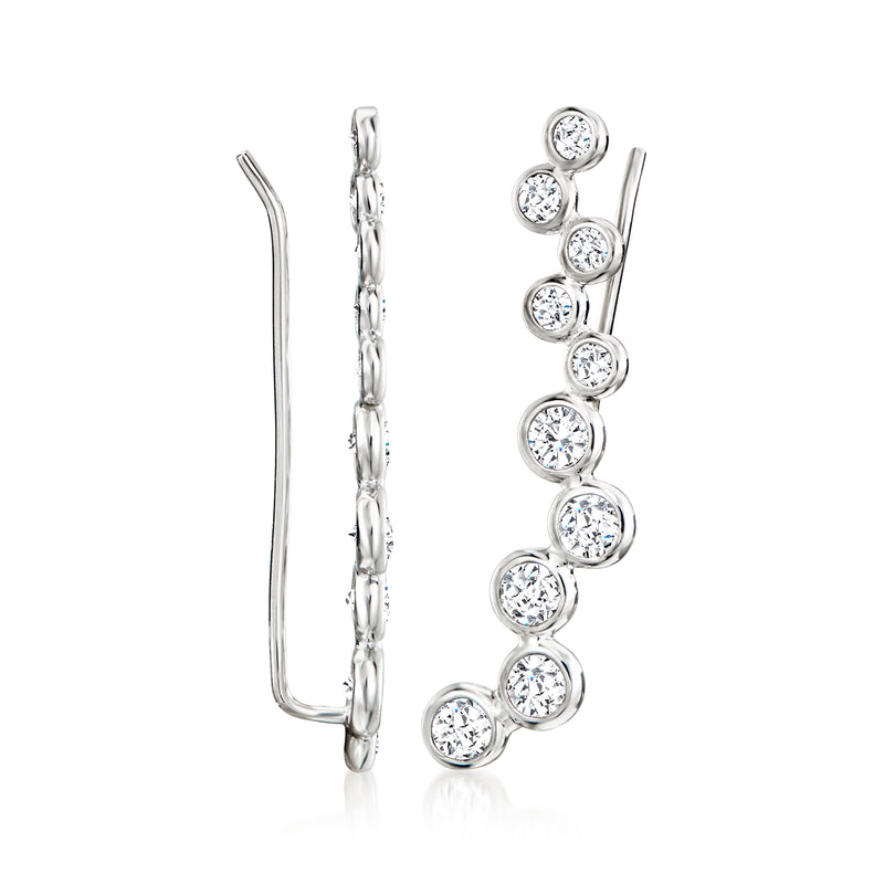 Sterling silver CZ ear climbers with bezel-set round stones on hinge earwire, curved design