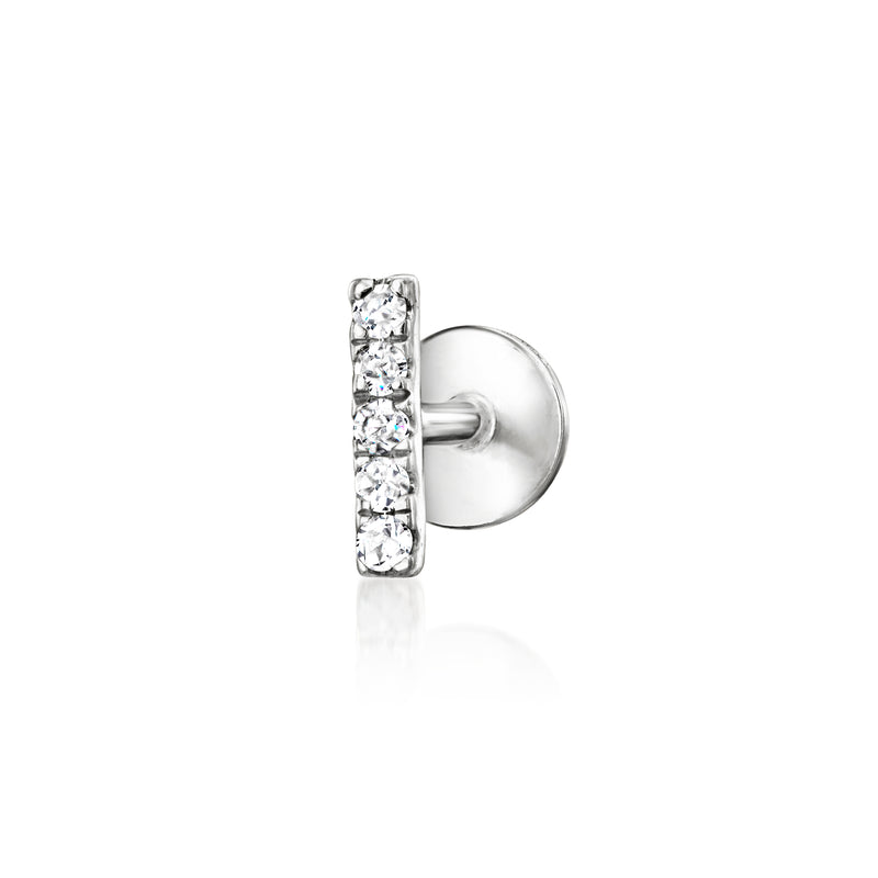 Sterling silver diamond bar stud earring with clear rectangular stones, flat-back