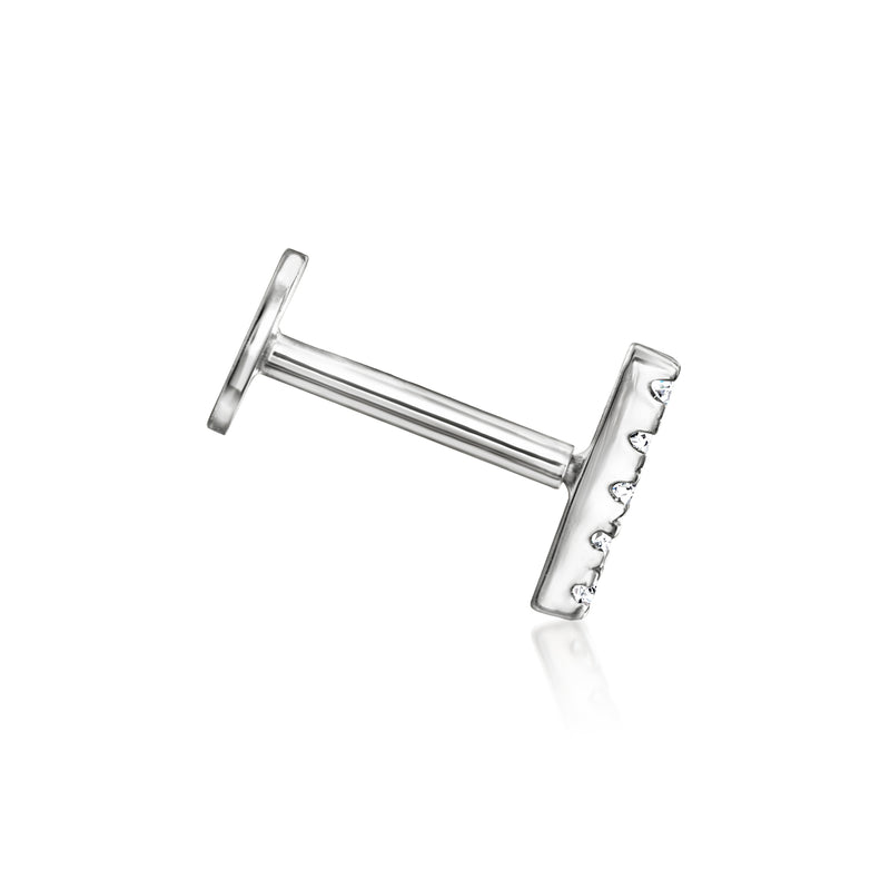 Sterling silver diamond bar stud earring with clear stones, side view, flat-back