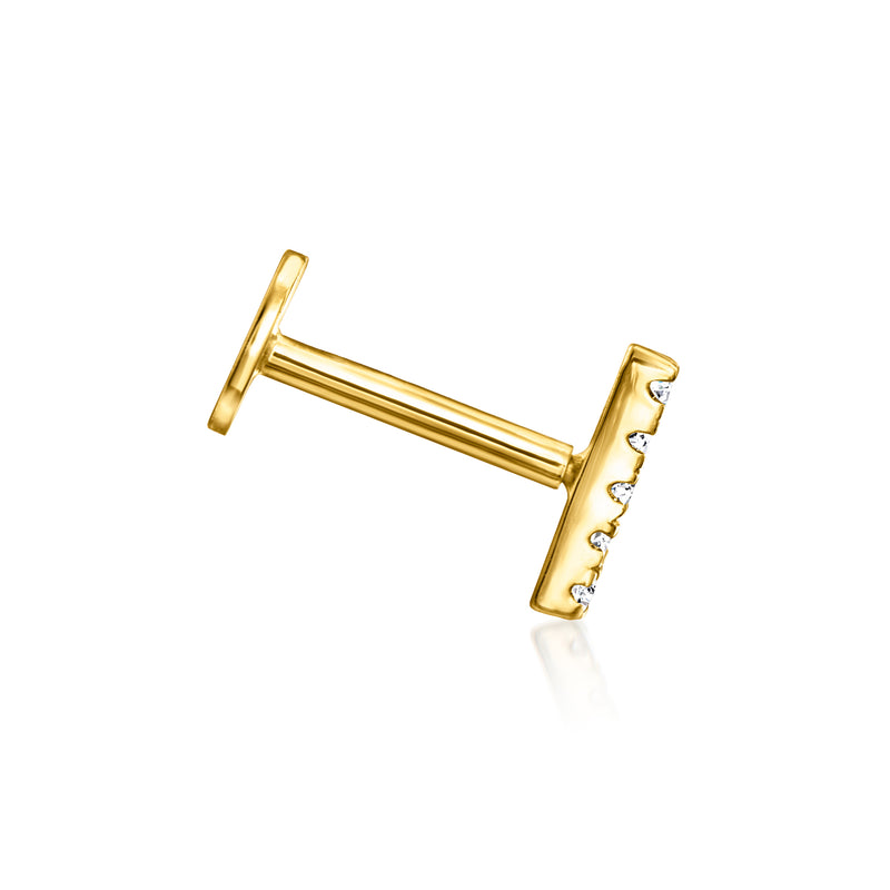 14kt yellow gold diamond bar stud earring, flat-back post view