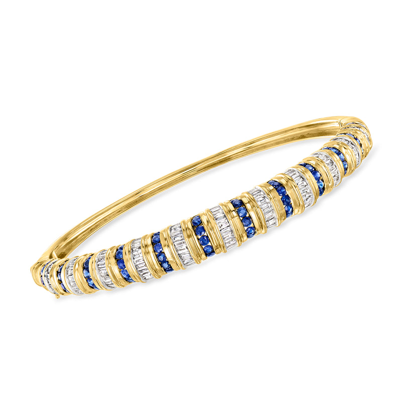 14kt yellow gold bangle bracelet with striped blue sapphire and diamond rows