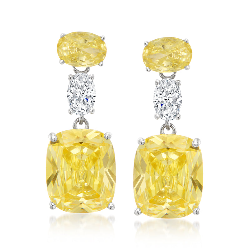 Sterling silver drop earrings with oval yellow simulated gems and clear CZ clusters