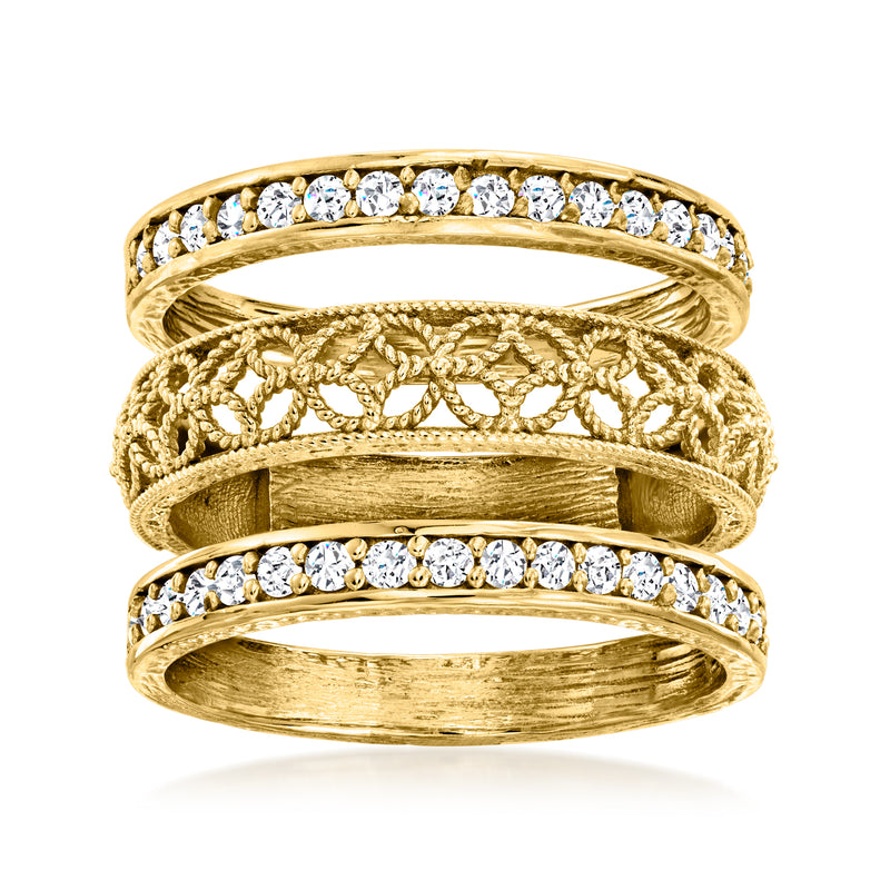 18kt gold over sterling ring set with white zircon and scrollwork design, 3 rings