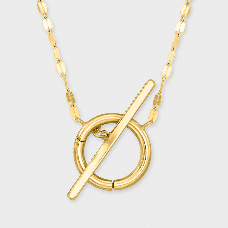 14kt yellow gold toggle necklace with overlapping circular rings and straight bar