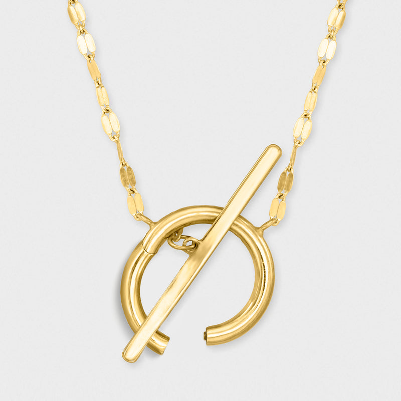 Yellow gold toggle necklace featuring stacked circular rings and straight bar toggle
