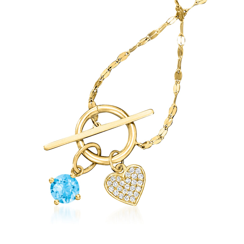 14kt yellow gold charm necklace with toggle clasp, blue round charm and pavé heart