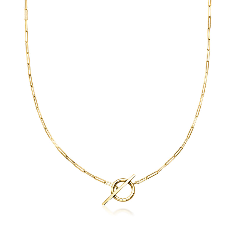 14kt yellow gold paper clip link toggle necklace with round charm loop clasp