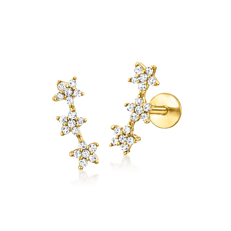 14kt yellow gold diamond three-star flat-back stud earrings with round stone clusters