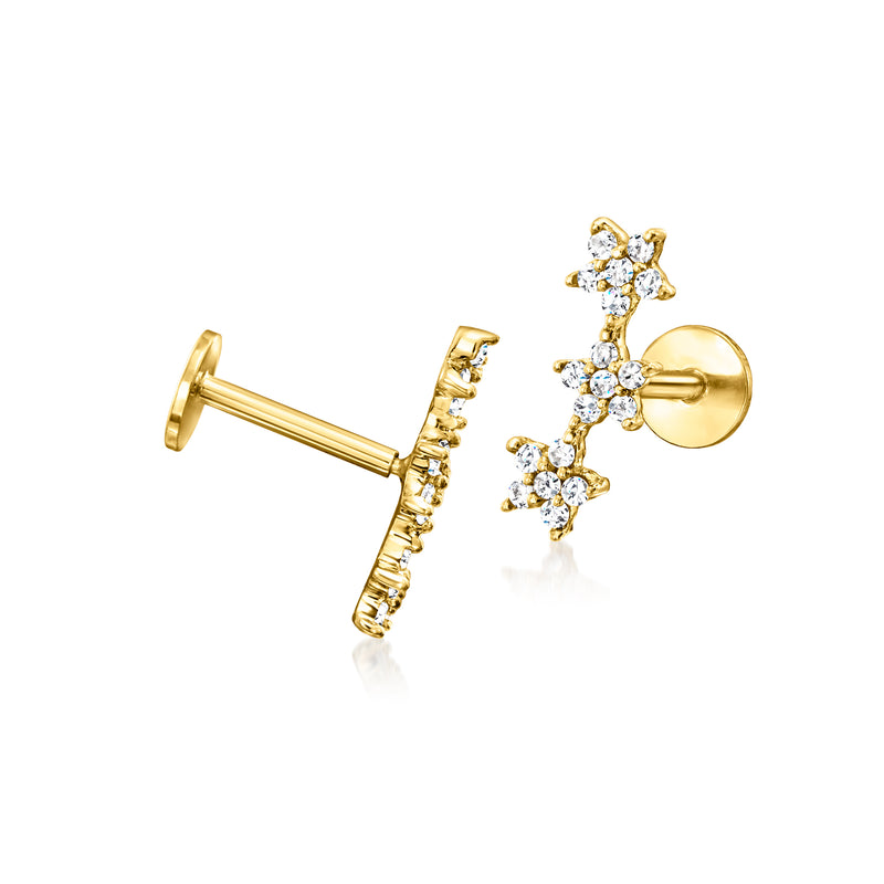14kt yellow gold diamond three-star stud earrings, flat-back post and earring backs