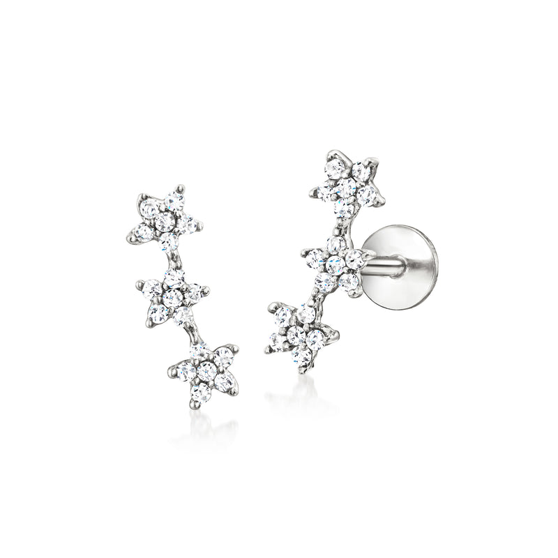 Three-star diamond stud earrings with flat backs, sterling silver