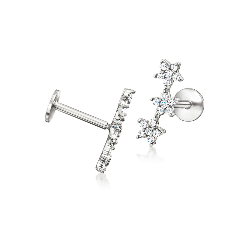 Three-star diamond stud earrings side view, sterling silver flat backs