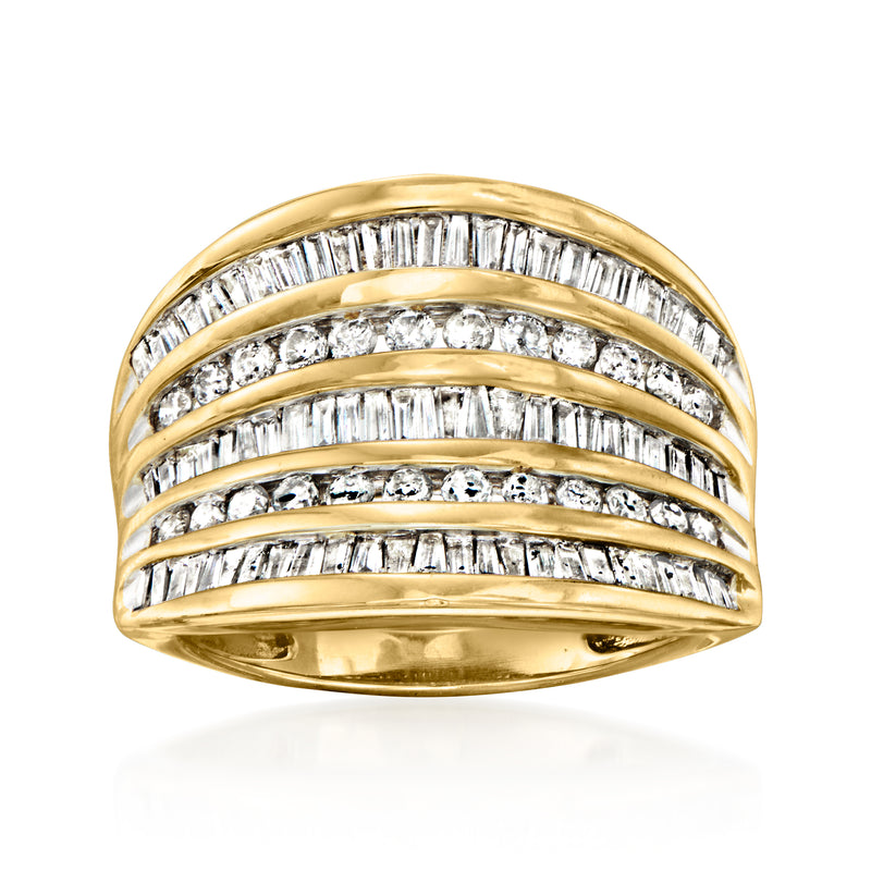 14kt yellow gold multi-row diamond ring with baguette stones, domed top