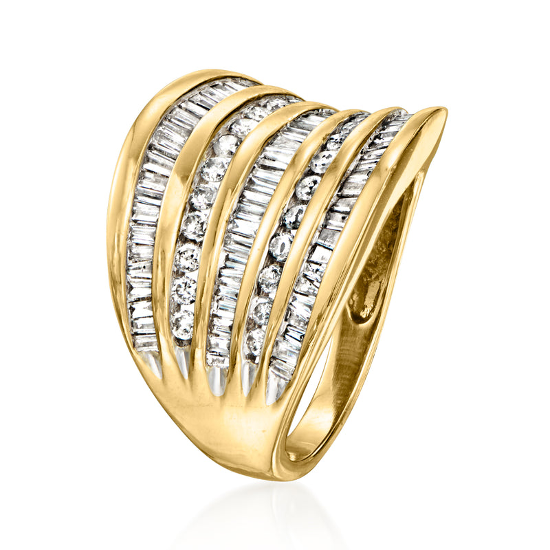 Yellow gold multi-row diamond ring with baguette stones, curved side profile