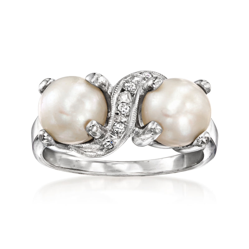 Cultured pearl and diamond ring with two large white pearls in white gold