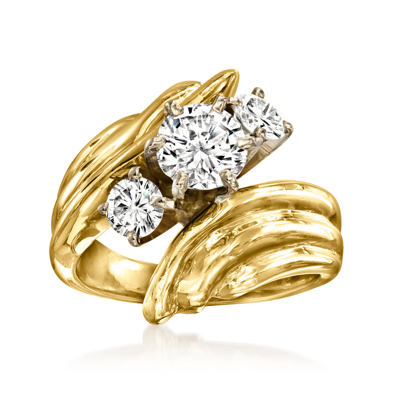14kt yellow gold three-stone bypass diamond ring with round center and two side diamonds
