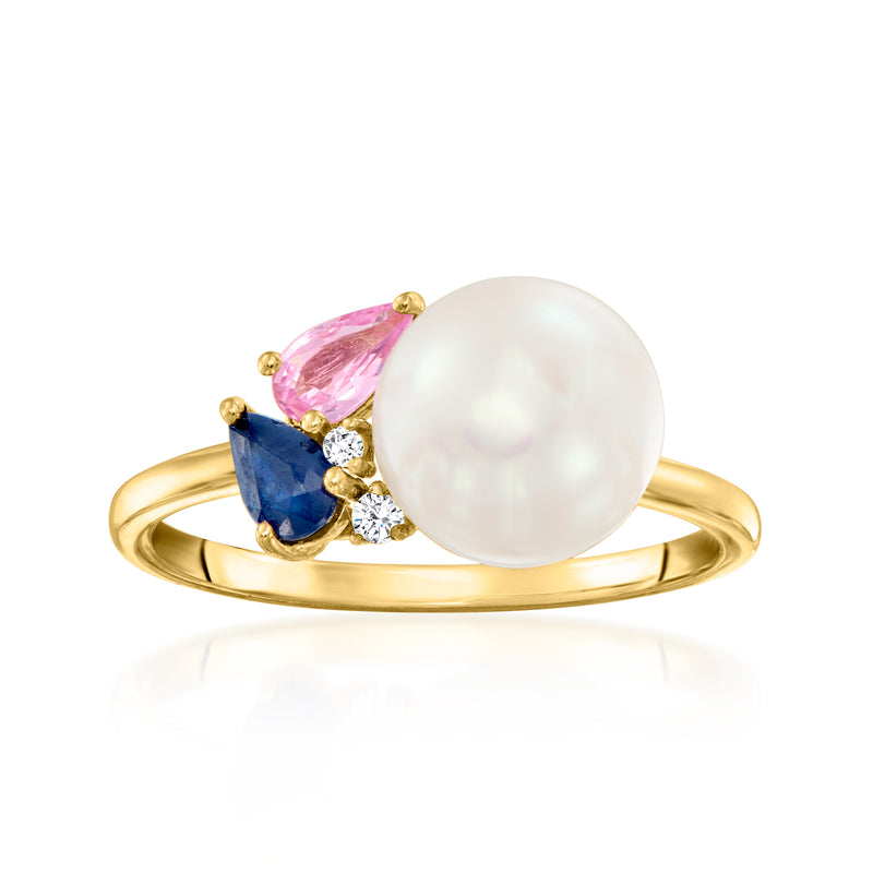 Cultured pearl and sapphire cluster ring in 18kt gold over sterling with diamond accents