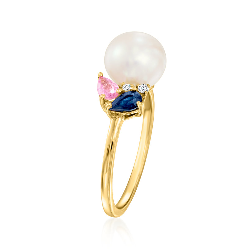 Cultured pearl and multicolor sapphire ring with small diamonds, 18kt gold over sterling