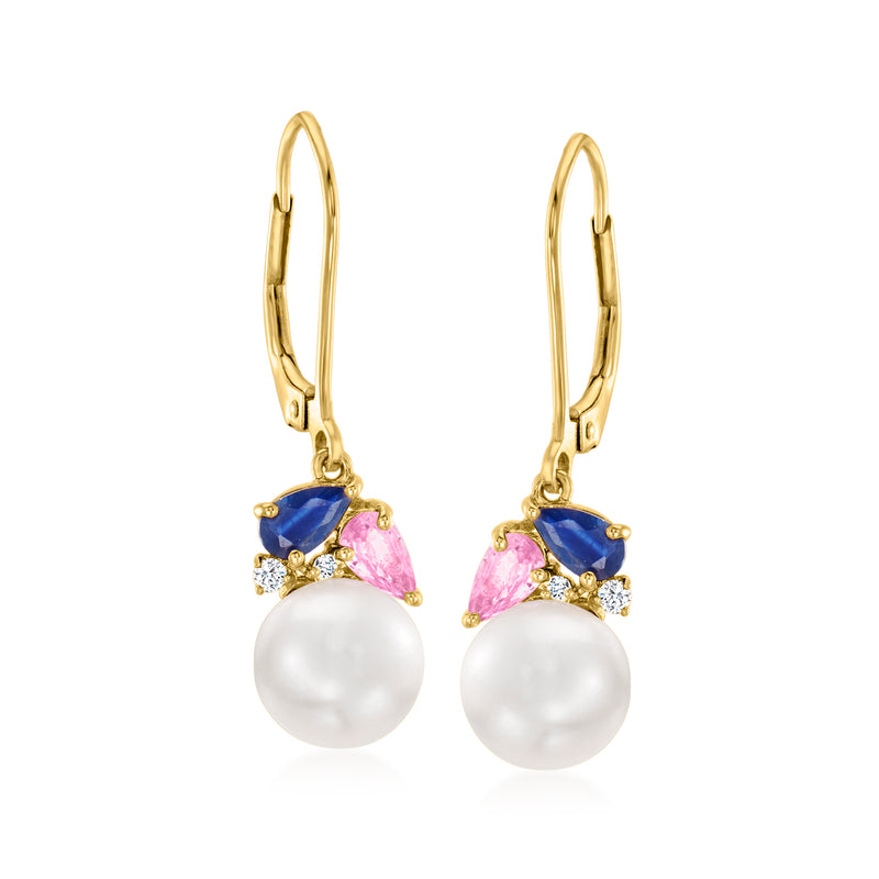 Gold drop earrings with white cultured pearl, pink and blue sapphires, diamond accents
