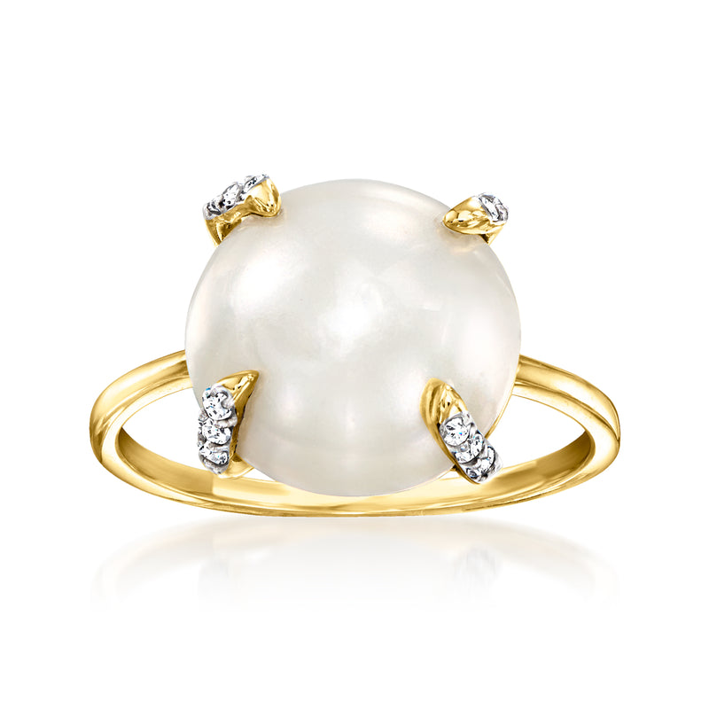 14kt yellow gold ring with large white mabe pearl and two diamond-set accents