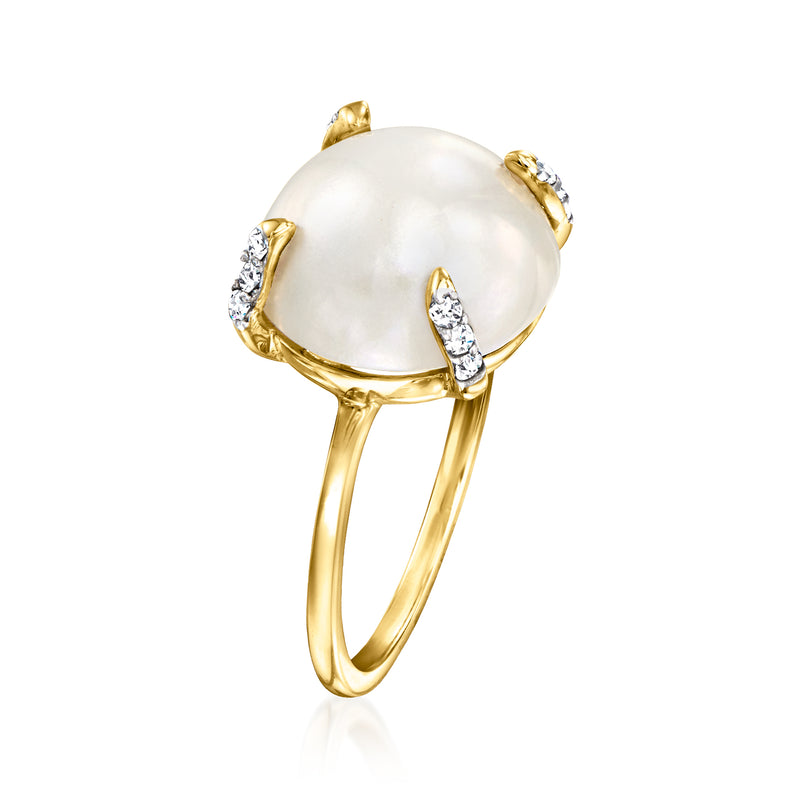Yellow gold mabe pearl ring with diamond side settings and slim band