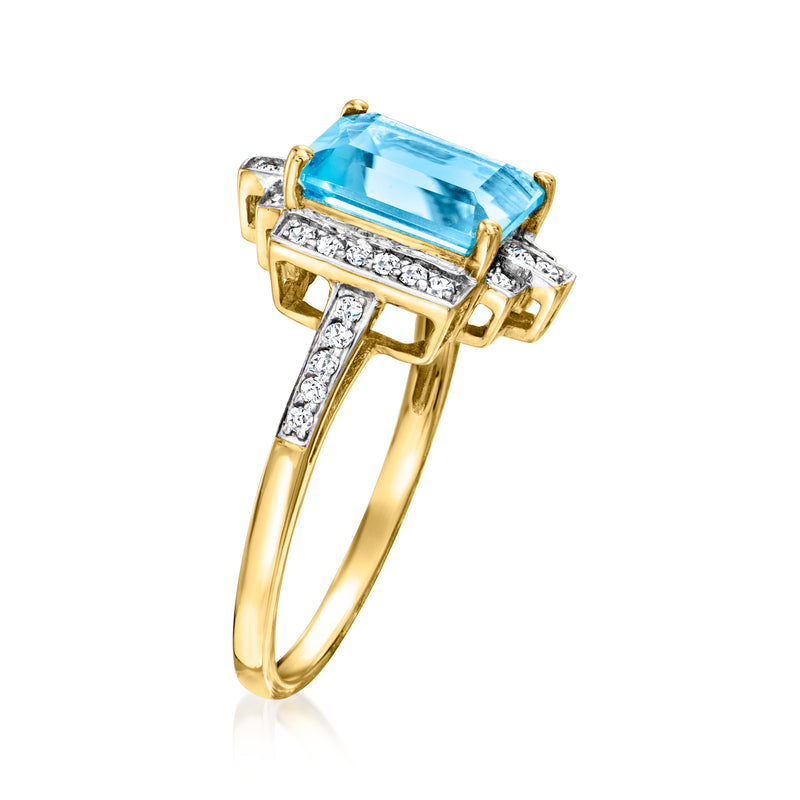 14kt yellow gold ring with rectangular Swiss blue topaz and diamond accents