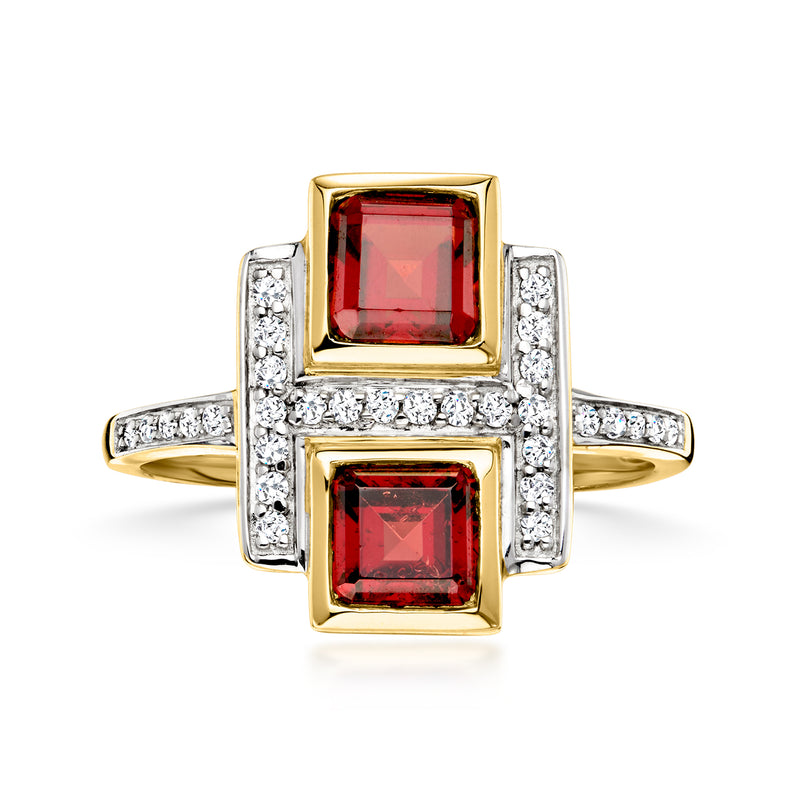 14kt yellow gold garnet and diamond ring with two red square gemstones
