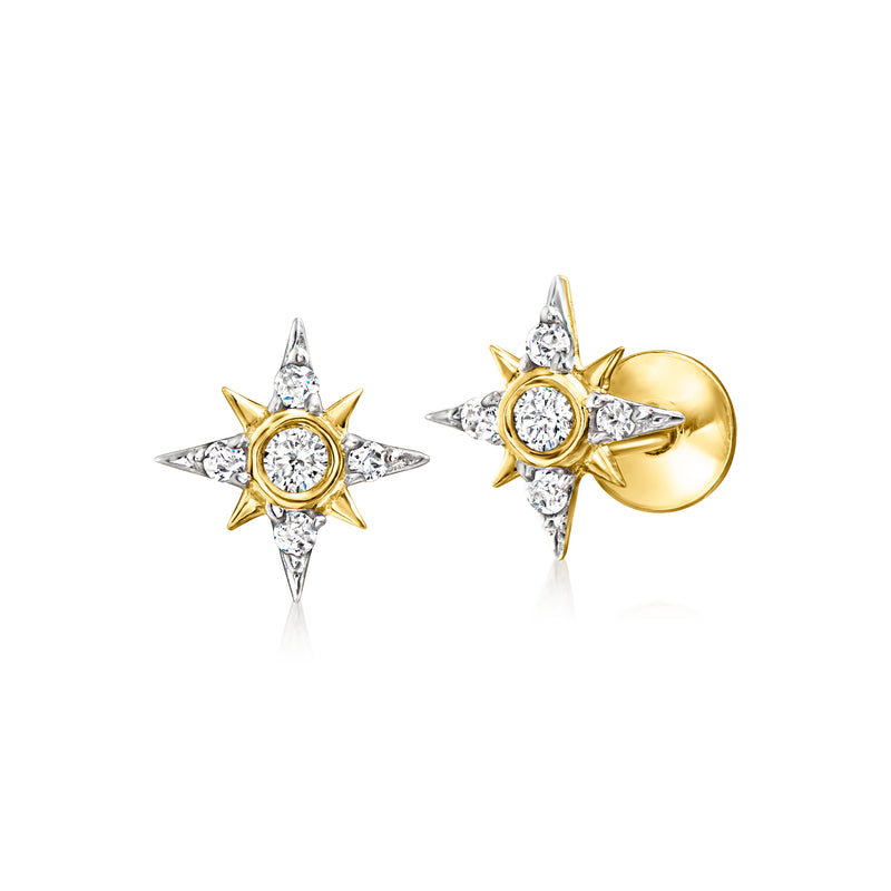 Diamond star stud earrings in 14kt yellow gold with round diamond centers