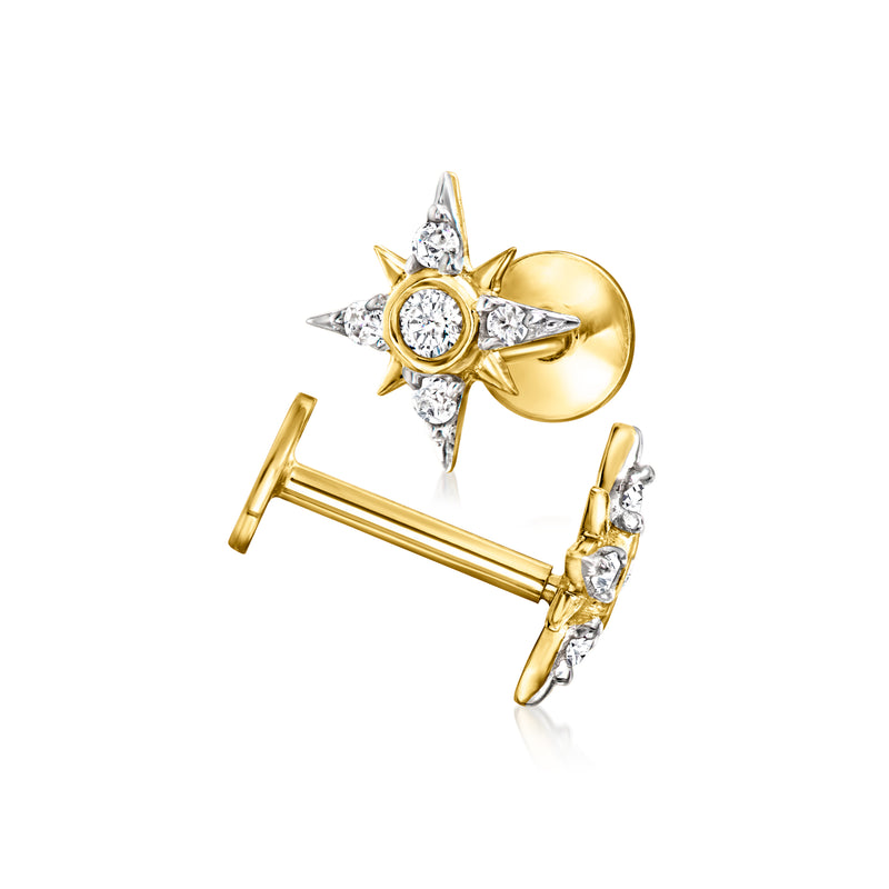 Diamond star flat-back stud earrings in 14kt yellow gold with round diamond center
