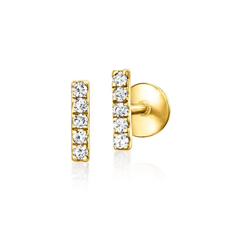 14kt yellow gold diamond bar stud earrings with four round diamonds