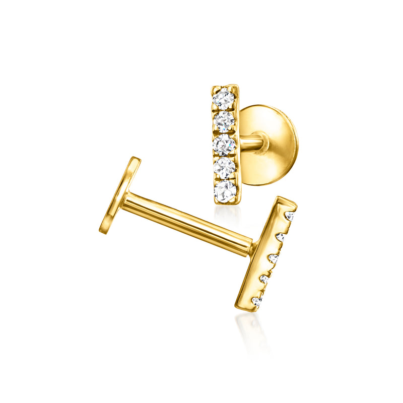 14kt yellow gold diamond bar stud earrings with flat backs and four round diamonds